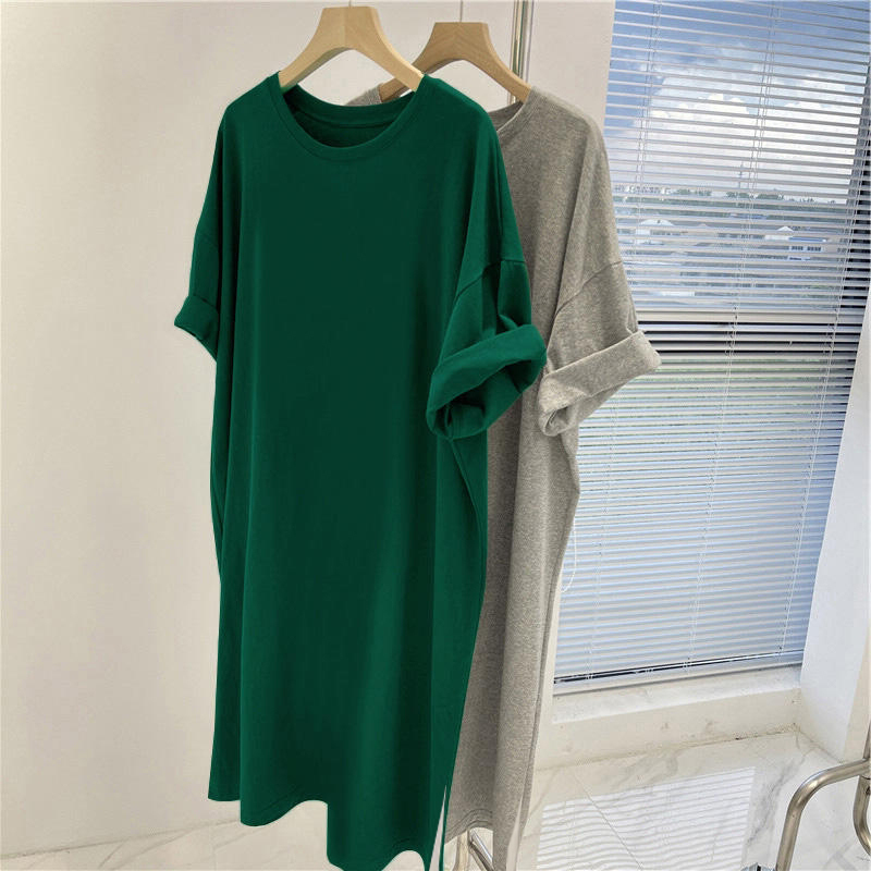 Dark Green Lazy Style T-Shirt Dress for Women New Pure Cotton Large Size Mid-Length Butt-Covering Korean Style Loose Dress Summer