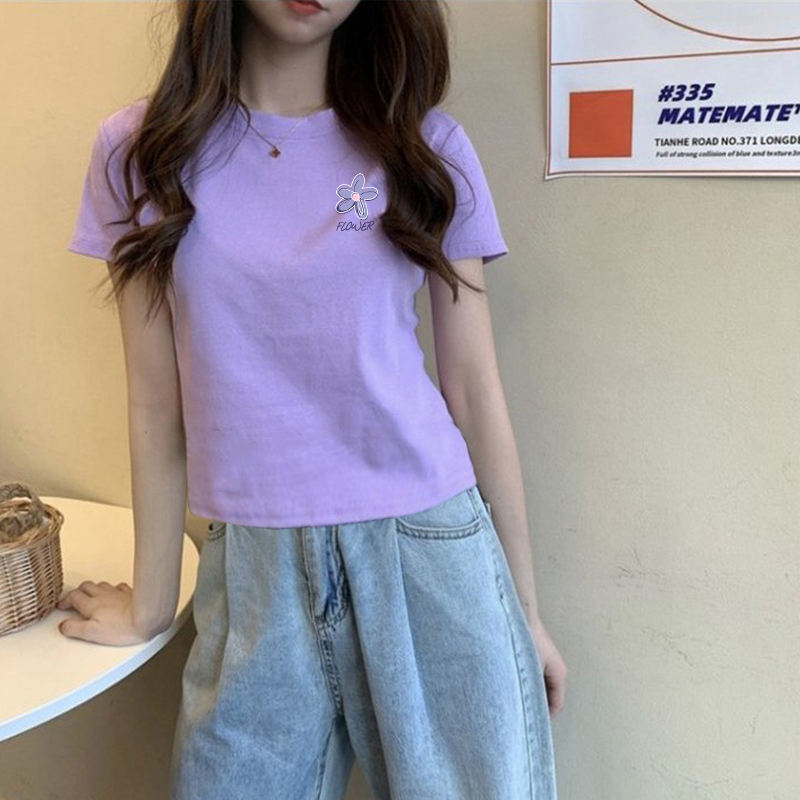 Summer Light Purple Short-Sleeved T-Shirt for Women, Pure Cotton, Candy Color, Versatile, Slim Fit, Flattering for Petite Figures, Milk Purple Top for Summer