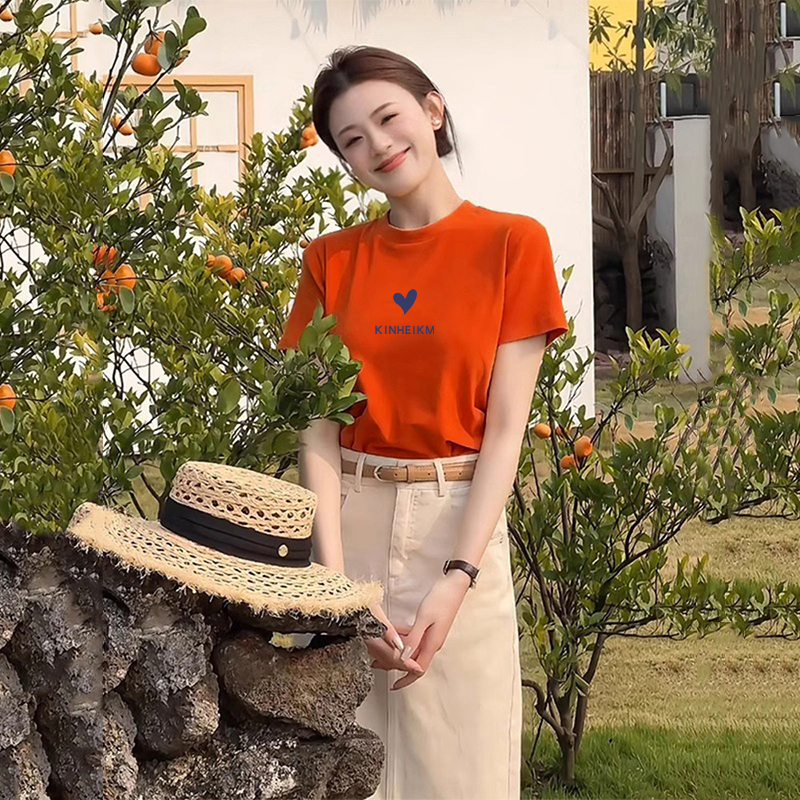 White-Enhancing Orange-Red Short-Sleeved T-Shirt for Women, 2024 New Summer Pure Cotton Versatile Regular Shoulder Round Neck Base Shirt Top White-Enhancing Orange-Red Short-Sleeved T-Shirt for Women, 2024 New Summer Pure Cotton Versatile Regular Shoulder Round Neck Base Shirt Top