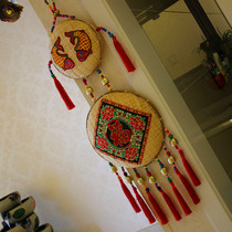 Round dustpan jewelry Creative home decoration pendant Hotel bar Ethnic embroidered bamboo woven wind chimes New Year pendant