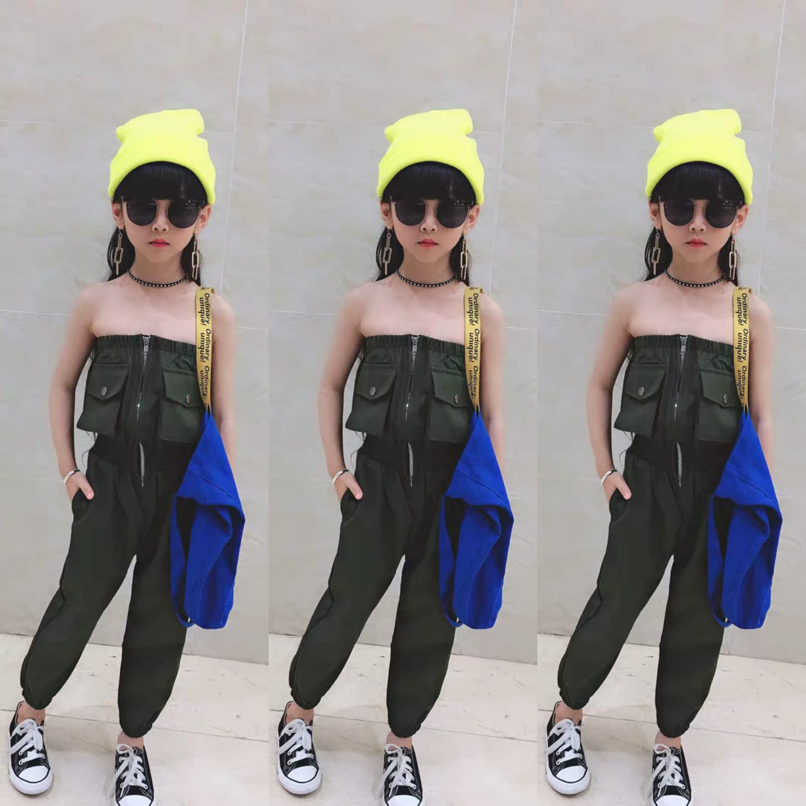 Girls' tooling jumpsuit 2019 summer new Korean version of foreign style children's tube top one-shoulder half-zipper long pants
