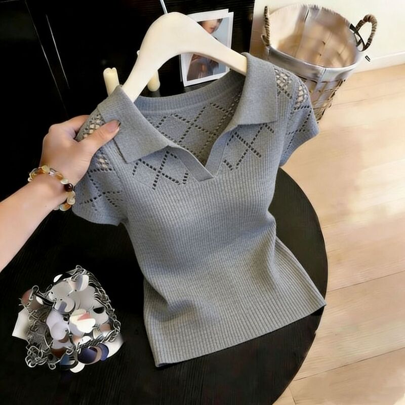 Gray High-End Polo Shirt 2026 Summer New Style Ice Silk Short-Sleeve T-Shirt for Women, Hollow-Out Loose Slimming Top