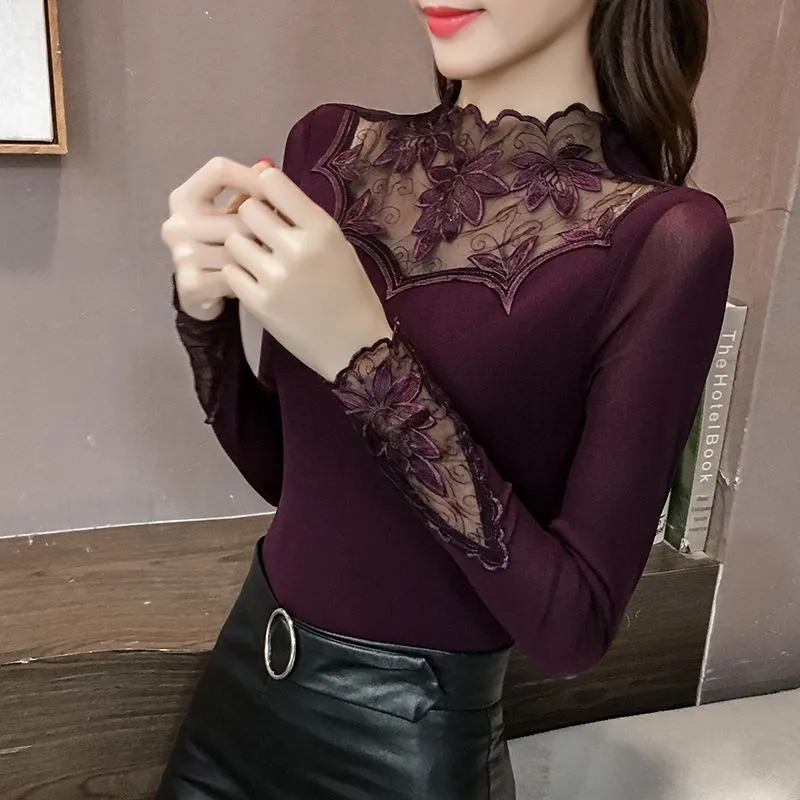 Half-High Collar Autumn and Winter Sexy Hollow Lace T-Shirt Base Shirt for Women 2026 New Long-Sleeve Inner Mesh Top