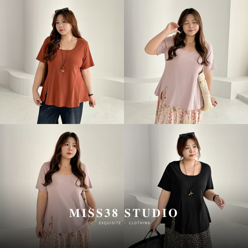 Plus Size Women's Clothing [Exquisite and Relaxed Slit T-Shirt] Summer Slimming Square Neck Short-Sleeved Top for Fat Women 100kg