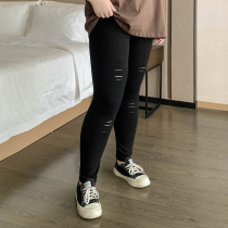 (No need to change the length of the trousers) elastic leggings spring new large size womens fat mm ripped feet pants slim-fit nine-point pants