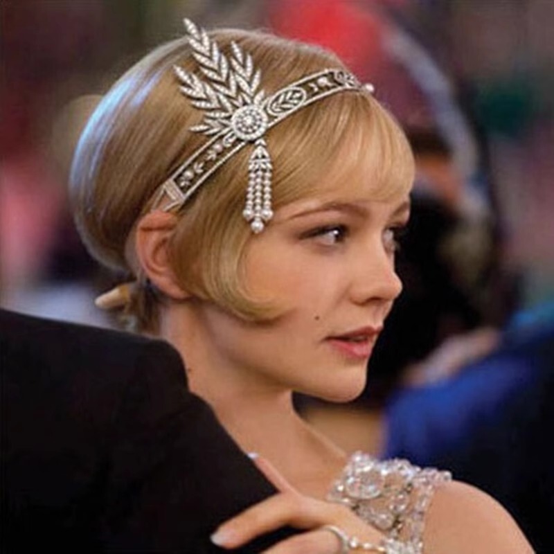 The Great Gatsby-Inspired Headpiece, Vintage Headband, Lace-Up Hair Accessory, Pearl Tassel, Diamond-Encrusted Crown Bracelet