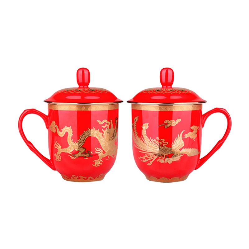 Thousand red up porcelain teacup longfeng pattern for large capacity couples mugs ipads porcelain cup wedding gift with cover