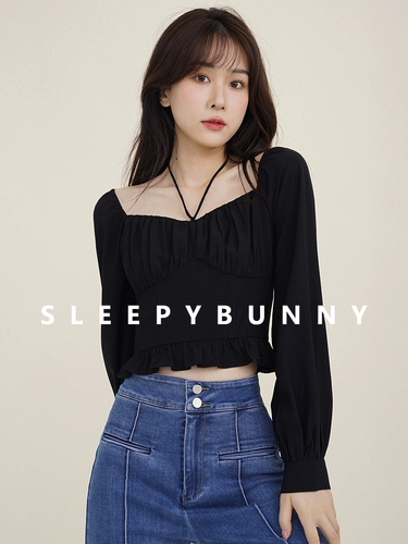 瞌睡兔 Летняя милая свежая приталенная рубашка, открытые плечи, квадратный вырез