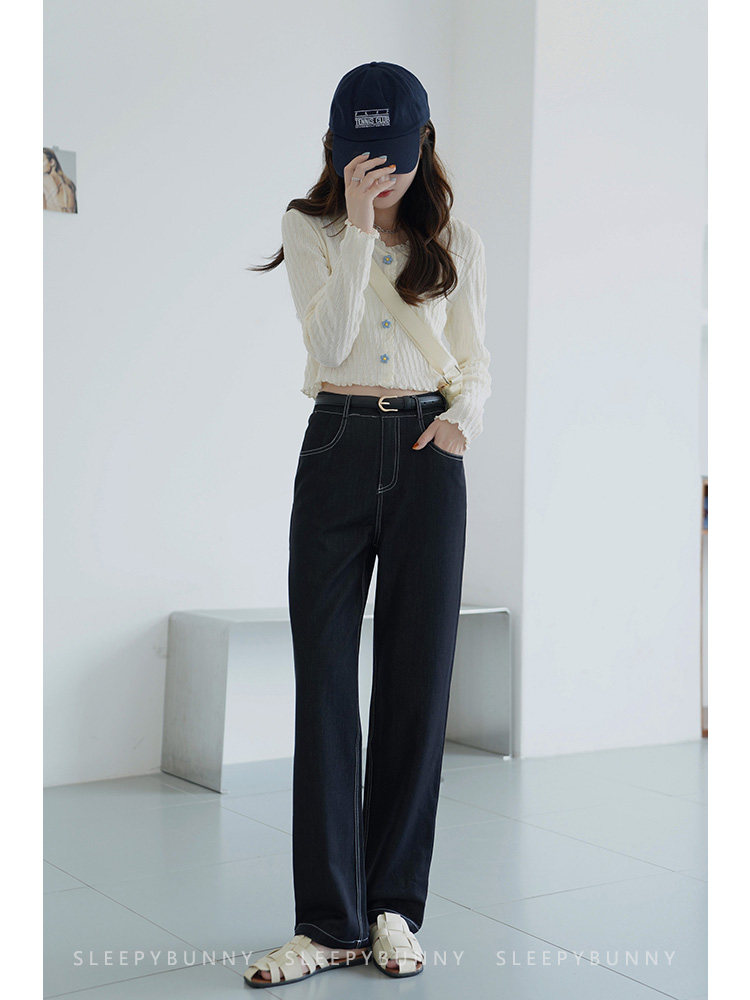 Sleepy Rabbit Elastic Waist Jeans Women 2022 Spring and Autumn New Slim Drape Black Wide Leg Pants Straight Trousers
