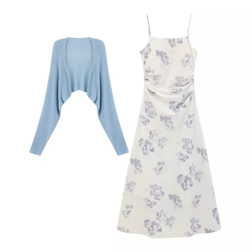 瞌睡兔 Синий весенний летний приталенный корсет, белая длинная юбка без рукавов, в цветочек, облегающий крой