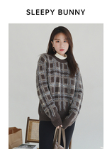 Sleeping rabbit plaid sweater female 2020 new foreign air retro round neck bf wind English style mohair soft loin