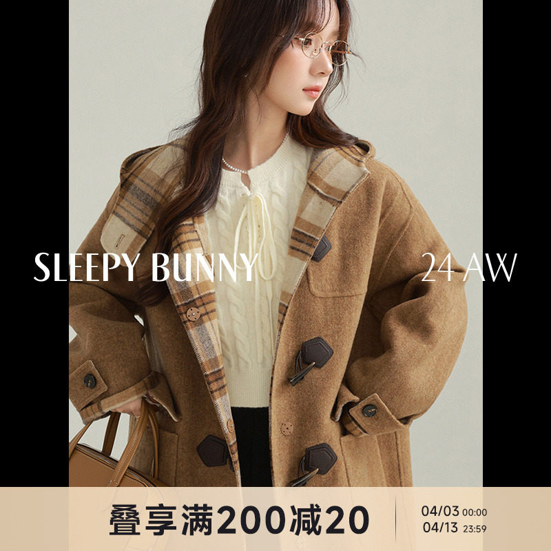 Двустороннее шерстяное пальто Sleepy rabbit с фундуком латте, женское осенне-зимнее шерстяное теплое пальто в клетку с роговыми пуговицами Изображение 1