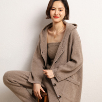 Heavy solid color 100% pure cashmere cardigan womens mid-length over-the-knee thickened hooded knitted coat