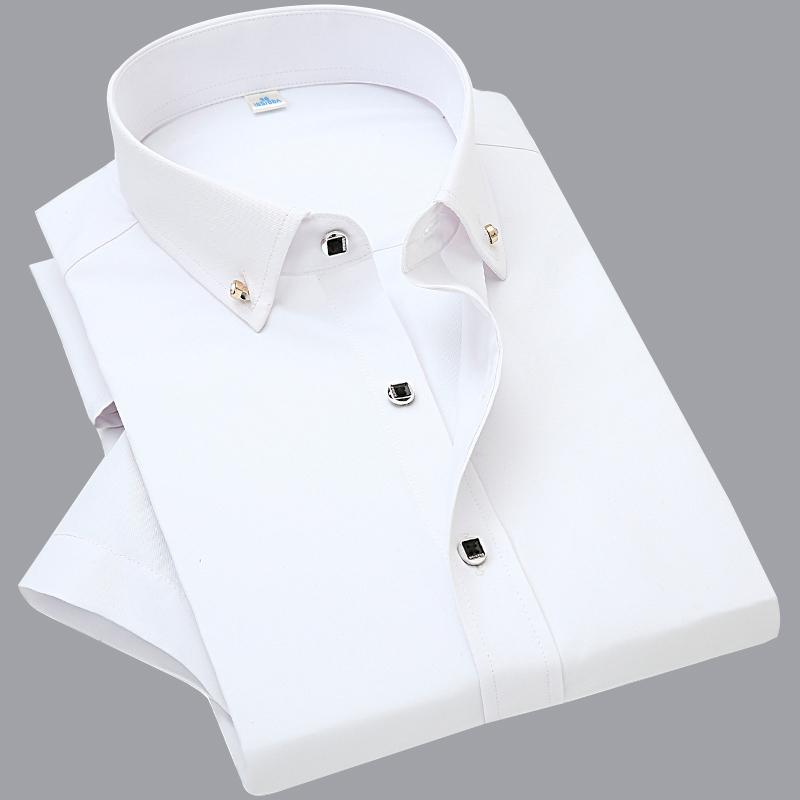 Men's Short-Sleeved Shirt, White, Thin, Slim Fit, No-Iron, Korean Style, Trendy, Professional, Business Casual, Solid Color, Diamond Button Shirt