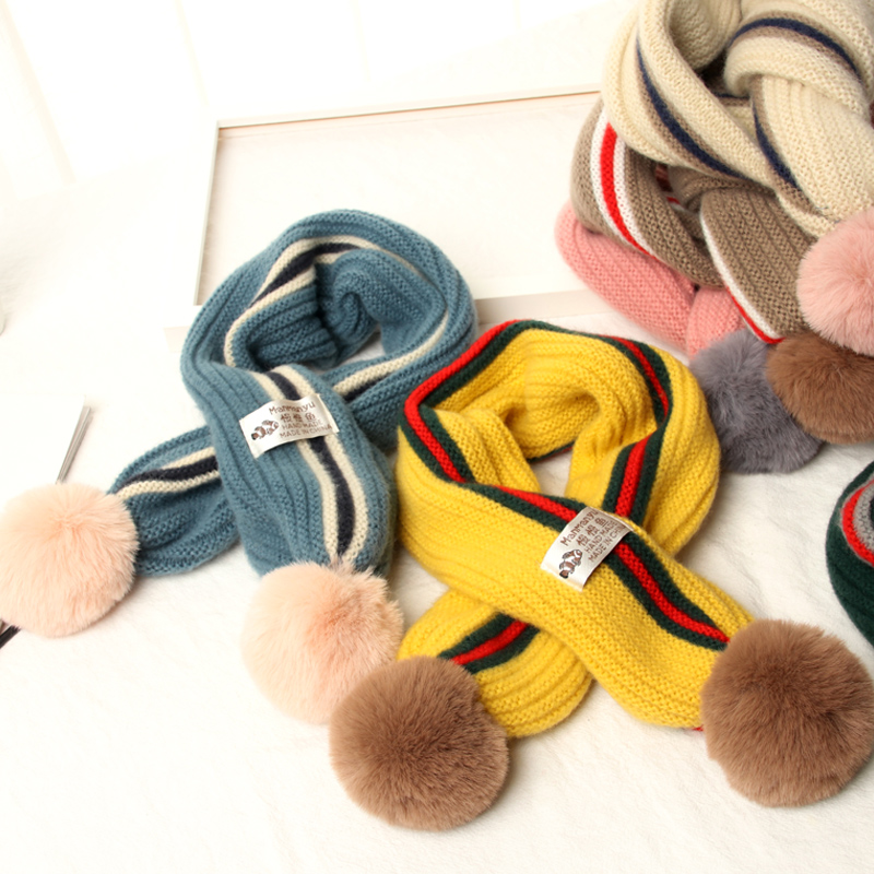 Korean winter new knitted cross warm neck cover Striped hair ball Men's and women's children's neck Children's scarf