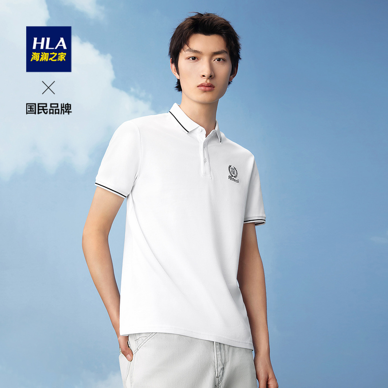 HLA Sea Lan House New Frontier Cotton Polo Shirt Embroidery Semi-Open Flap Casual Short Sleeve Blouse