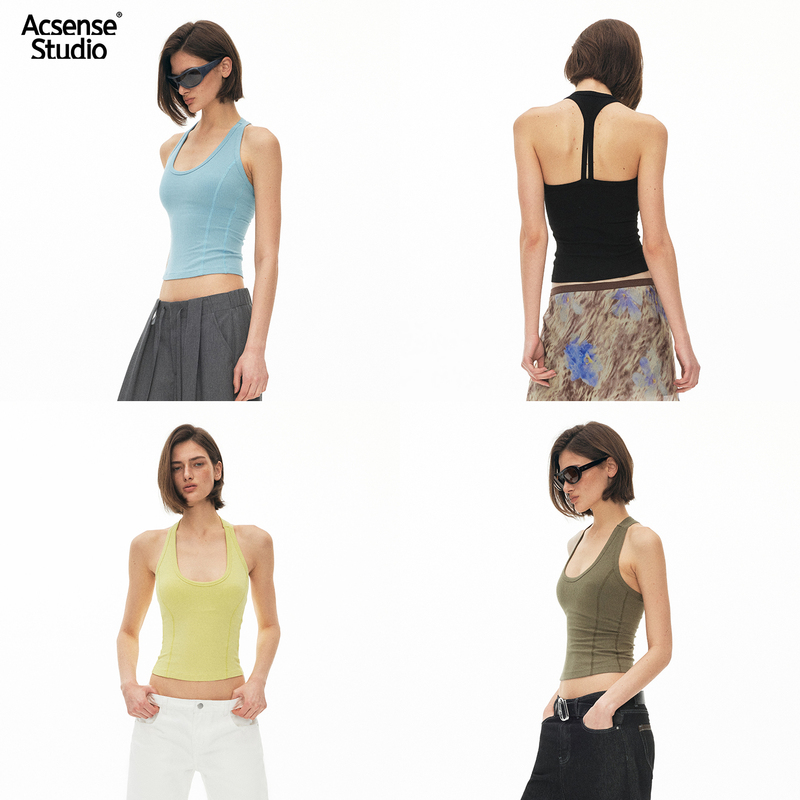 【04.22 New Product】Acsense Studio High Elastic Ribbed Tank Top with Built-In Chest Pads and Folded Waist Racerback Design