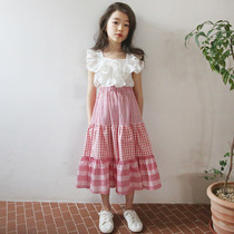 Girls Korean version 2021 summer cotton mosaic princess style ruffle princess skirt big childrens vest long skirt