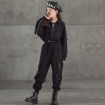 Girls Overalls set 2021 autumn and winter stand-up collar cotton sweater medium and large childrens short top hip-hop pants two-piece set