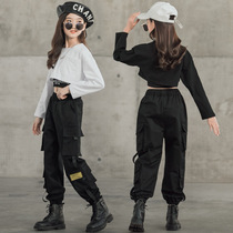 Girls  autumn suit long-sleeved 2021 new fashion sweater short top overalls pants middle and large childrens two-piece suit