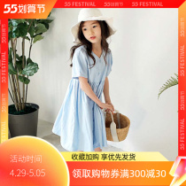 Childrens Han version Summer style Short sleeves V Collar Single Row girls Lieven dress Sentie Literary Arts Long Dress Inins pro