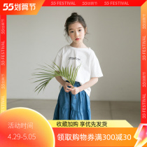 Girl short sleeve T-shirt Summer Korean version CUHK Pure Cotton Round Collar Printed Stitch Cardiovert Loose Fashion White Blouse