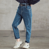 2021 Girls early autumn jeans Korean version of the big childrens fashion Western style high-waisted bud small feet pants childrens stretch pants