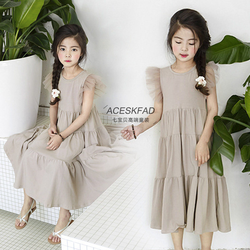 2021 summer new children's children's children's Korean plain long skirt children's large children's mesh sleeve stitching dress