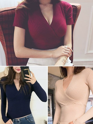 韩国性感交叉收腰V领修身显瘦t恤低胸螺纹短袖紧身打底针织衫上衣-淘宝网