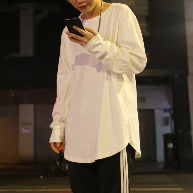 KANYE European and American long-sleeved T-shirts for men and women with arc hem dark high street tide brand ninja hooded sleeves with bottoming shirts