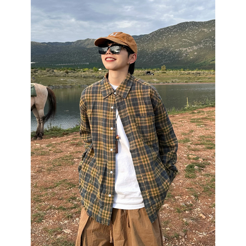 Xbro American Retro Vintage Color-Blocked Spring and Autumn Unisex Loose Plaid Lazy Long-Sleeve Checkered Shirt with Frayed Edges