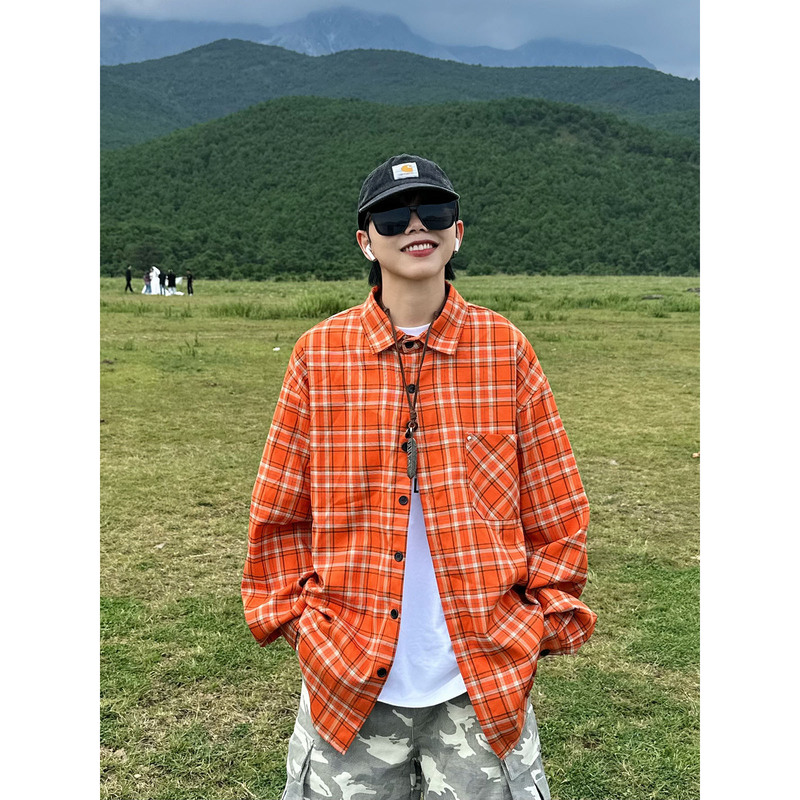 Xbro American Retro Spring and Autumn Orange Plaid Long-Sleeve Shirt for Men and Women, Casual Dopamine Design Shirt Jacket Trendy