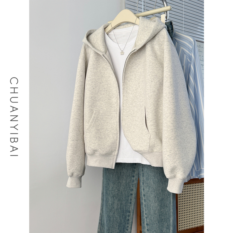 Gray Short Zip-Up Hoodie for Women, 2026 Spring and Autumn Korean Style, Loose and Casual, Petite Jacket