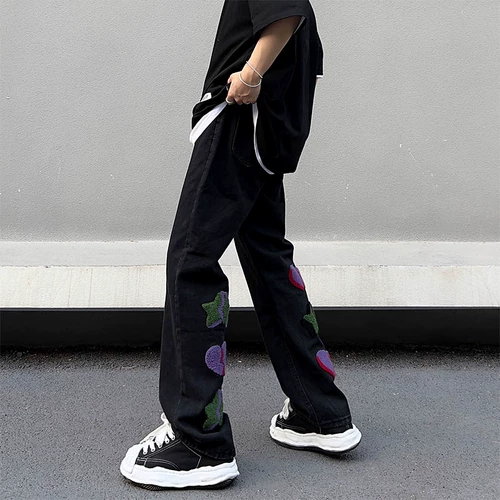 Осенние японские прямые свободные джинсы, штаны, с вышивкой, свободный прямой крой