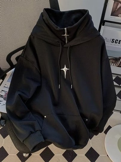 Spring and Autumn Pullover Turtleneck Sweatshirt for Men, Casual Trendy Brand, Sports Japanese Retro Style, Cool and Trendy Hooded Jacket for Teenagers