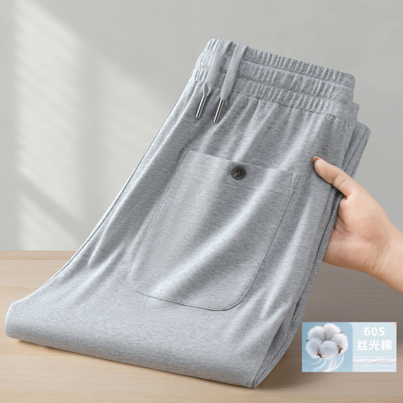 Men's Pure Cotton Sweatpants, Light Gray Casual Pants, Summer [High-End 60 Count] Loose Fit Long Pants for Men