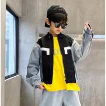 Boy Denim Splicing Jacket 2021 New Spring Autumn Clothing Foreign Air Letters Printed CUHK Child Casual Jacket Tide