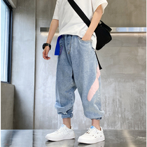 Boy Hans version of light blue jeans 2021 new spring clothing Ocean Gas Drifting with Loose Color and Large Child Casual Pants Tide