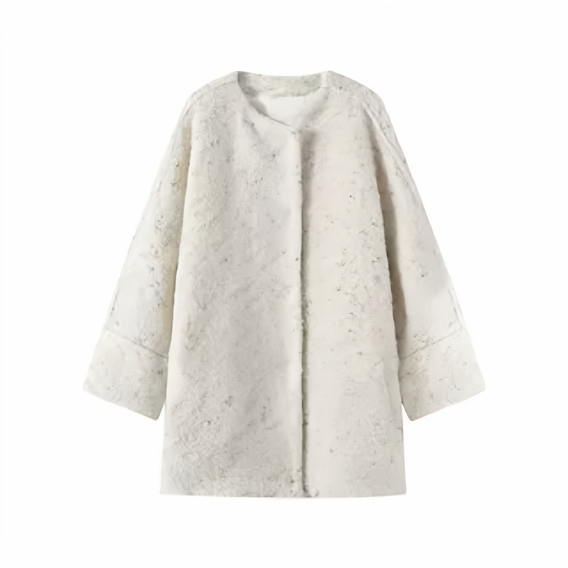 2025 Autumn/Winter Tiktok Style Round Neck Long Sleeve White Mid-Length Wool Coat Sheepskin Jacket Women's Loose Fit