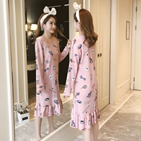 Váy ngủ dài tay cotton nữ mùa xuân và mùa thu có thể mặc dễ thương phiên bản Hàn Quốc của nàng công chúa tươi tắn mặc đồ ngủ dài shop đồ lót đẹp giá rẻ