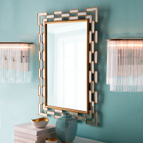 Custom European-style make-up mirror BACKGROUND WALL HANGING MIRROR BATHROOM MIRROR BEDROOM DRESSER SQUARE GOLDEN WALL-MOUNTED MIRROR