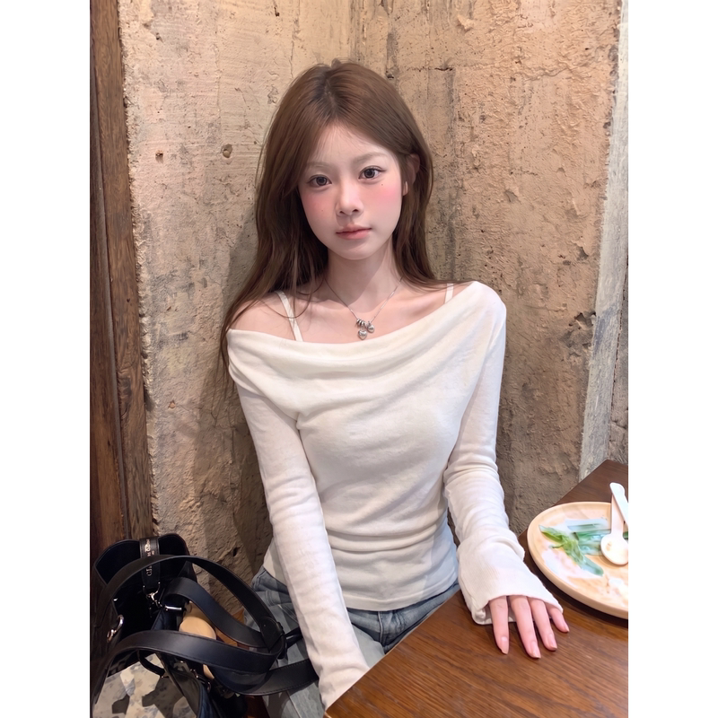 Hot Girl Style White Faux Two-Piece Ruched Long-Sleeve Knit Top Slimming Blouse Autumn New Stylish Top Hot Girl Style White Faux Two-Piece Ruched Long-Sleeve Knit Top Slimming Blouse Autumn New Stylish Top