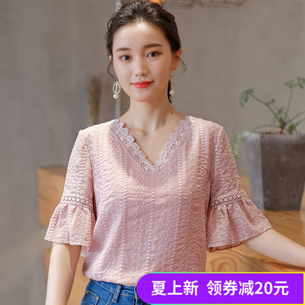 女款短袖蕾丝上衣女2018新款时尚宽松V领遮肚