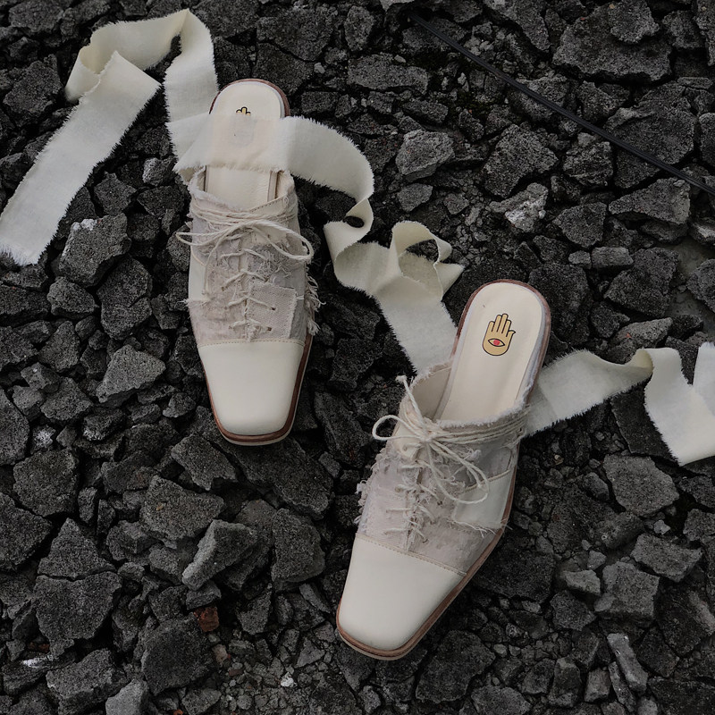 Ding Yin Studio) Niche Original Designer Dark Retro Mori Mosaic Stitching Baotou Slippers Handmade Women's Shoes