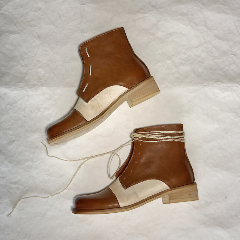 Ding Yin Studio ) Original niche color color color color color old square boots female flat - bottom Martin boots riding boots