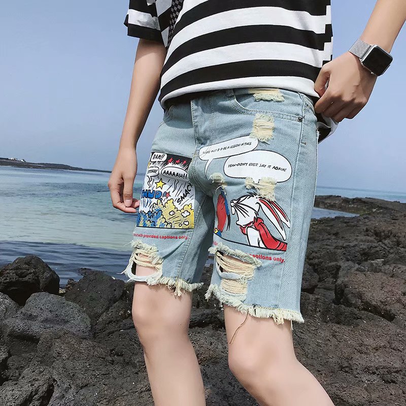 Mùa hè mỏng denim quần short lỗ của nam giới trong quần Hàn Quốc phiên bản của xu hướng lỏng lẻo thẳng bình thường của nam giới quần năm điểm