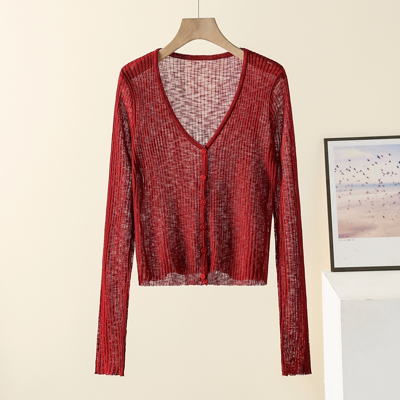 Trendy Red V-Neck Single-Breasted Sun-Protective Slub Knit Sweater for Women 2025 New European Style Slimming Versatile Age-Reducing Clothing