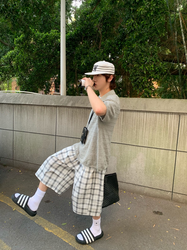 Orgeing Summer Plaid Workwear Silhouette Cropped Pants Men's Unisex Style Loose Casual Wide-Leg Shorts