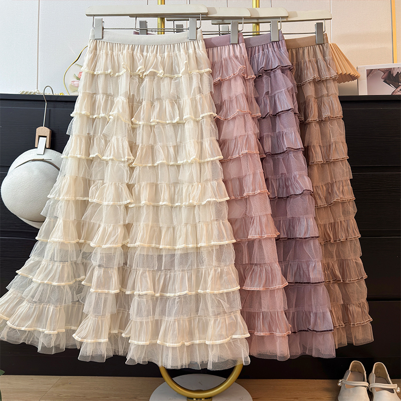 French-Style Fairy-Like Layered Tulle Cake Skirt for Women, Summer 2026, Ruffled High-Waisted A-Line Puffy Long Skirt