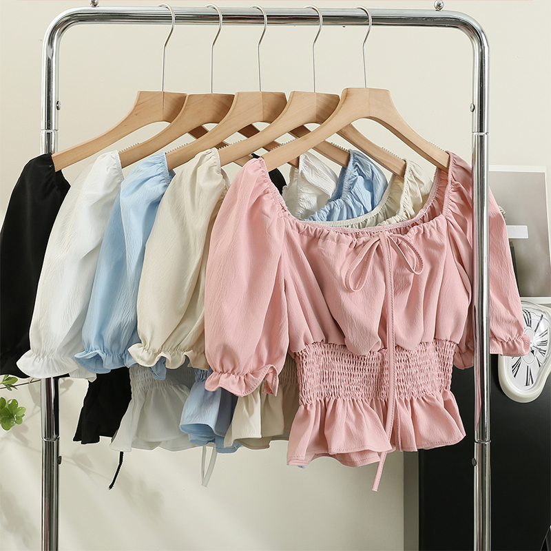 2025 Summer New Style Off-Shoulder Puff Sleeve Shirt for Women, French Ruffle Waist-Cinching Slimming Short Top
